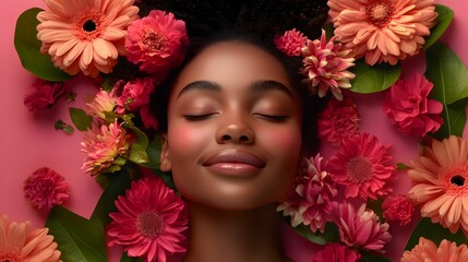 A woman is laying in a bed of flowers, with her head resting on her hand