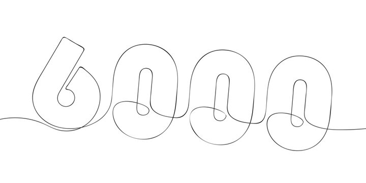A single line drawing of a six thousand symbol. Continuous line six thousandth number icon. One line icon. Vector illustration.