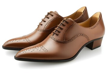 Brown leather lace up ladies shoes, tan brogues footwear isolated on white background.