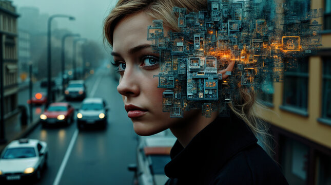 Young woman's profile merges with futuristic cityscape, blending urban reality and digital imagination on foggy street with passing cars