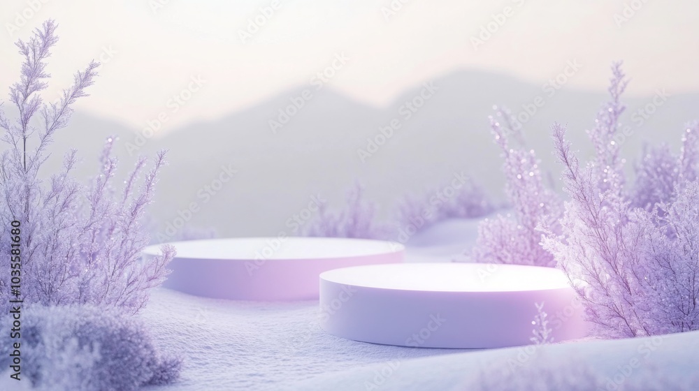Poster soft lavender light illuminates two circular platforms in a tranquil winter landscape, surrounded by
