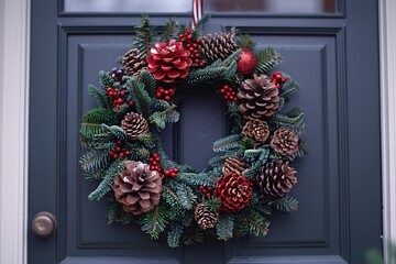 A festive wreath featuring pinecones, red berries, and evergreen branches hangs on a dark blue door, capturing the essence of the holiday season