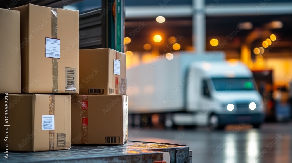 Poster the image shows stacked cardboard boxes at a loading dock with a delivery truck waiting, capturing t