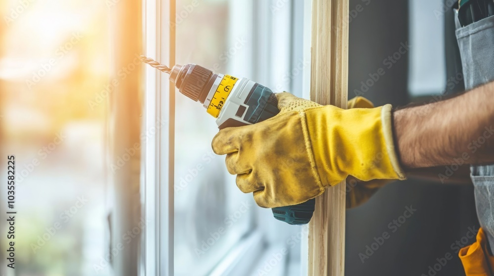 Poster a close-up of a person using a cordless drill to work on a window frame, wearing protective gloves a