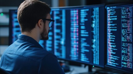 Scientist examining DNA sequence data on a computer screen, molecular graphics displayed