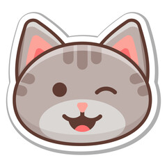 Emotion sticker of a joyful gray cat who winks. Vector illustration.