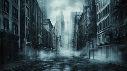 Misty Noir Cityscape, a charcoal illustration depicting a cold, atmospheric street scene in a tall-building urban environment, capturing the essence of a gritty gangster town.