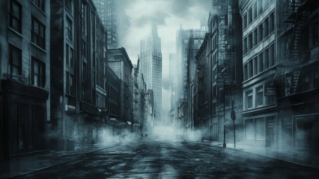 Misty Noir Cityscape, a charcoal illustration depicting a cold, atmospheric street scene in a tall-building urban environment, capturing the essence of a gritty gangster town.