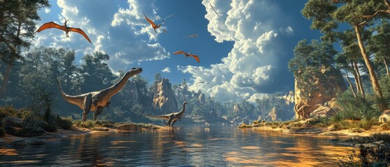 Dinosaur scene depicting prehistoric creatures in a lush, serene landscape with mountains and water under a dramatic sky.