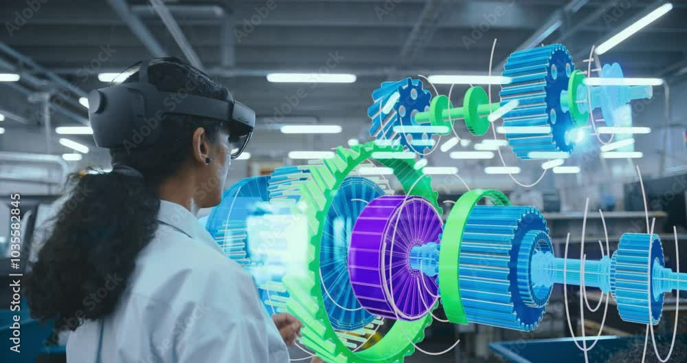 Poster Female Engineer Wearing Ar Headset Works on a 3d Green Energy Engine Turbine Model in a High-tech Factory, Utilizing Interactive Software Interfaces and Advanced Digital Machinery.