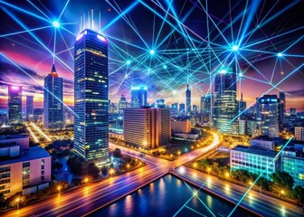 Abstract Digital Network with Neon Lights in Urban Exploration Photography for Futuristic Cityscapes