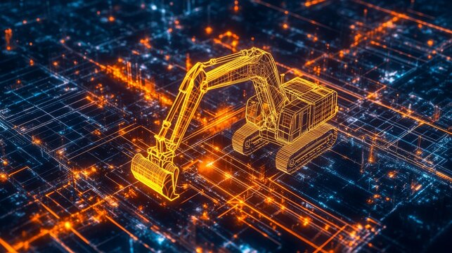 A digital illustration of an excavator depicted with glowing lines against a network-like background, symbolizing technology and innovation in construction.