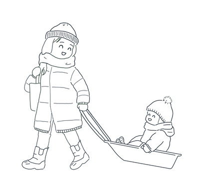 recommend clip art: ソリ通園する親子_線画