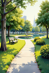 Empty bench inviting you to relax in peaceful city park illustration