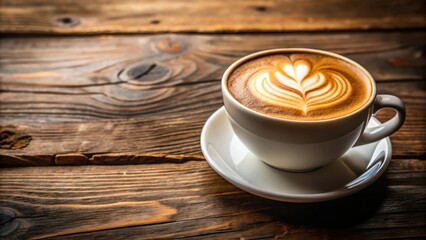A single cup of latte art on a wooden table, perfect for a morning pick-me-up or afternoon break.