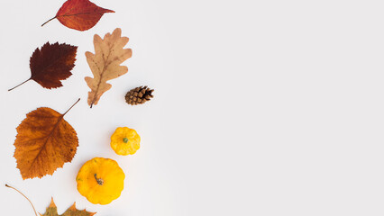 Autumn holiday frame composition with pattern made of leaf, punpkins, dried orange, pine cone on...