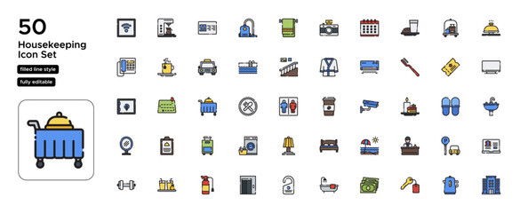 Housekeeping Filled Line Icon Set: Cleaning, Room Upkeep, and Hotel Services Icons