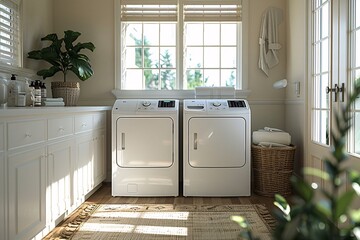 This laundry room showcases two modern white washing machines positioned beside bright windows,...