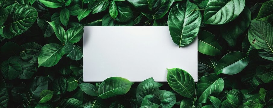 white card framed with large green leaves