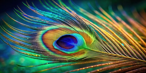 Obraz premium A single peacock feather, a vibrant tapestry of green, blue, and gold, showcasing nature's exquisite artistry.