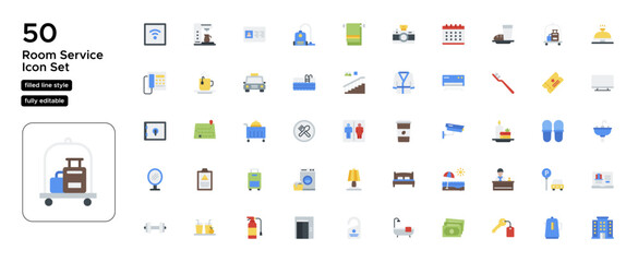 Room Service Flat Icon Set: In-Room Dining, Hospitality, and Guest Services Icons