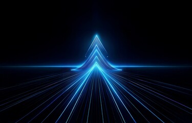 Blue glowing lines converge into a bright arrow shape against a dark background.