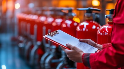 A worker inspects fire extinguishers while holding a clipboard in a brightly lit industrial setting.