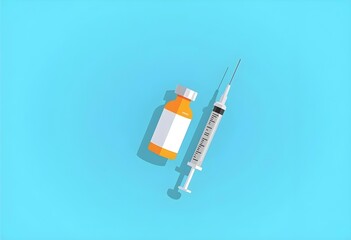 Medical Syringe and Vaccine Vial on Blue Background