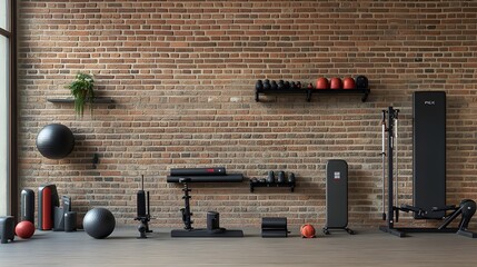 A collection of gym equipment on the floor next to an urban brick wall, leaving space for text or advertising, creating a minimalist fitness vibe