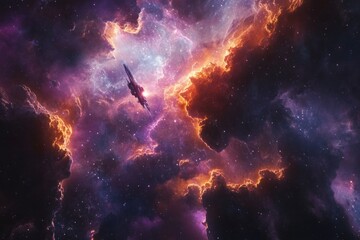 A majestic scene of vast cosmic beauty. A spaceship soars through colorful nebulae in deep space. Experience the wonder of the universe. Generative AI