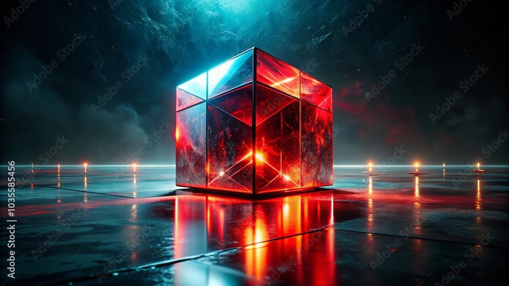 Poster abstract geometric art with double exposure of a red cube on dark floor for modern design and visual