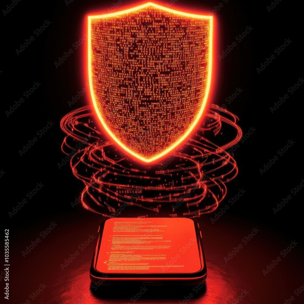 Poster a smartphone with a glowing shield hovering above it