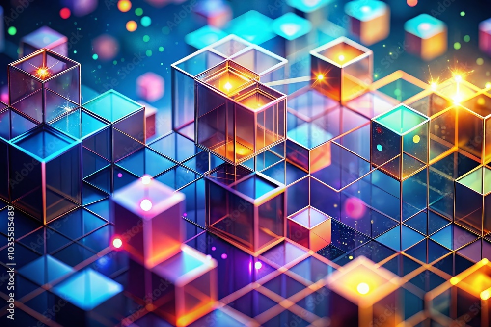 Aufkleber abstract geometric background with isometric digital blocks and bokeh effect in blockchain concept a