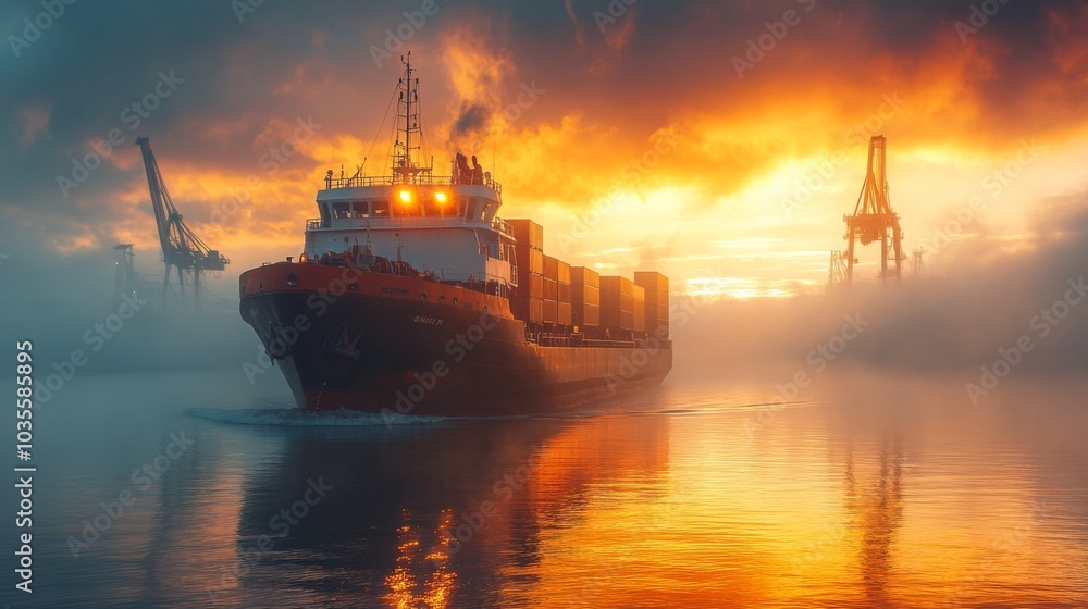 Poster a large container ship moves smoothly through misty waters as the sun sets, casting vibrant colors i