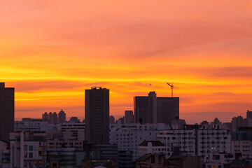 Fototapeta premium Buildings in the city at evening sunset. architecture building sky concept. a city with big buildings and bright sun at evening with sunset. a city with big buildings in the evening sun with bright.