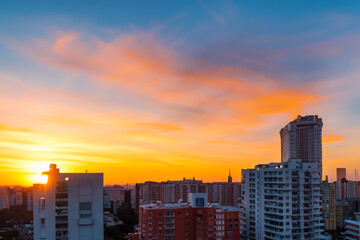 Obraz premium Buildings in the city at evening sunset. architecture building sky concept. a city with big buildings and bright sun at evening with sunset. a city with big buildings in the sun evening with bright.