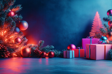 Abstract Christmas Design. Creative Christmas composition with abstract shapes and ornaments in bold, juicy colors. Neon accents, geometric trees, and gifts