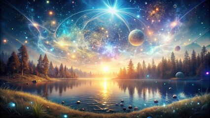 Obraz premium A tranquil forest lake with a celestial sky filled with stars, planets, and a vibrant nebula, reflecting the cosmic wonder in the water.