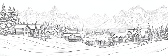 Obraz premium Winter Mountain Village Sketch: Snowy Landscape with Alpine Homes