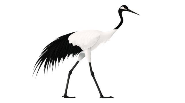 An elegant crane with long legs and a slender neck isolated on a transparent background, PNG 