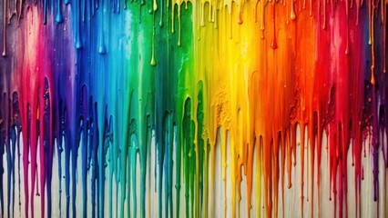 A vibrant abstract composition of melted crayon wax in various colors dripping down a surface. The drips create a unique and dynamic pattern, resembling a colorful waterfall.