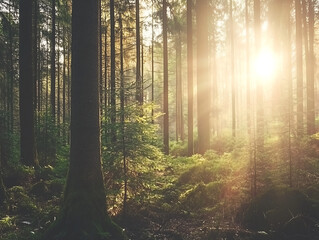 Lanscape Beautifull forest at dawn, with the sunlight filtering through the tall trees and creating a beautiful and serene atmosphere.