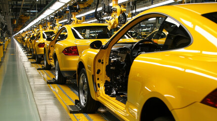 Obraz premium Automated assembly line showcasing yellow cars in production, highlighting efficiency and precision of modern manufacturing processes