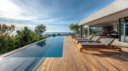 Fototapeta premium A stunning pool deck with teak wood planks