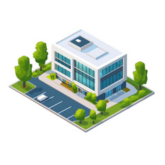 Modern Office Building: A stunning isometric illustration of a contemporary office building, showcasing its clean lines, glass facade, and verdant surroundings. This image embodies professionalism.