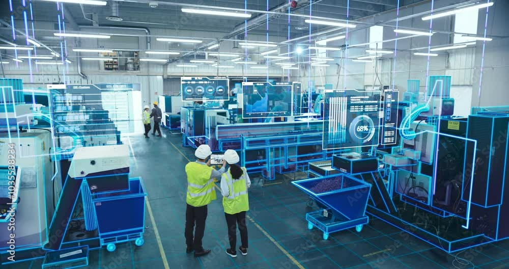 Poster Two Engineers in Safety Gear Use a Tablet to Interact With Holographic Data in a High-tech Factory, Surrounded by Advanced Machinery and Digital Interfaces, Illustrating a Futuristic Manufacturing