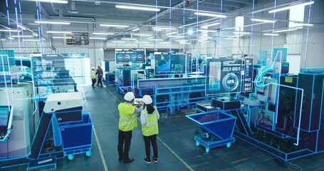 Two Engineers in Safety Gear Use a Tablet to Interact With Holographic Data in a High-tech Factory, Surrounded by Advanced Machinery and Digital Interfaces, Illustrating a Futuristic Manufacturing - Powered by Adobe