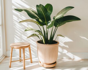 Fototapeta premium Potted plant sitting next to a stool in a room - Interiors