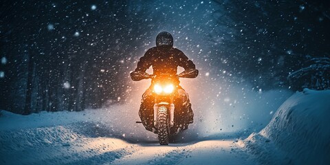 Motorcycle Rider in Snowy Forest at Night