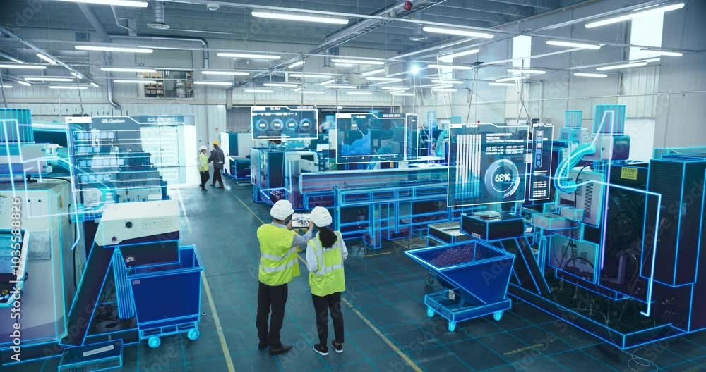 Fototapete two engineers in safety vests use a tablet to interact with holographic data in a high-tech factory,